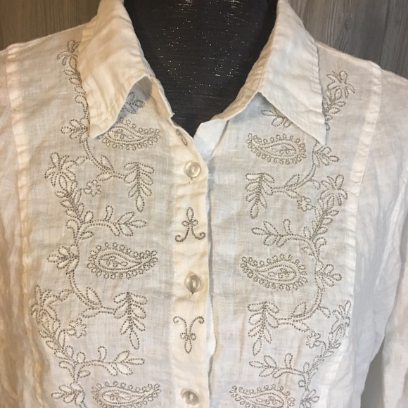 White Embroidery Casual Button Down Top Size M - Picture 3 of 5